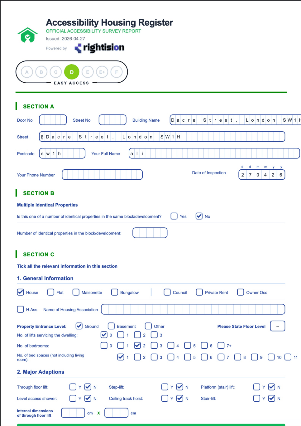 A sample AccessCheck PDF report showing the accessibility category summary, photo evidence and costed adaptation appendix.